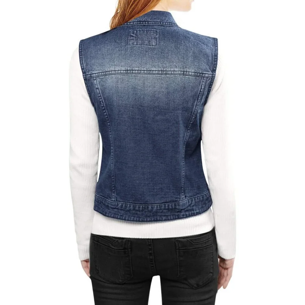 Women's Denim Vest Washed Blue Sleeveless Buttoned Pockets Casual